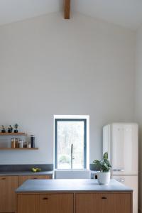 una cucina con frigorifero bianco e pianta in vaso di Casa da Milheira - Agroturismo a Oliveira de Azeméis