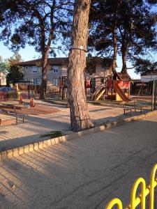 un parque con parque infantil con un árbol y bancos en Les Oliviers de Camargue en Salin-de-Giraud