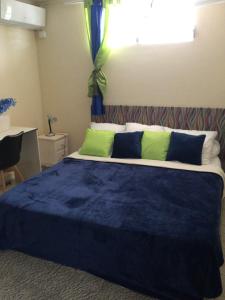 een slaapkamer met een groot bed met groene en blauwe kussens bij Villa verte in Le Robert