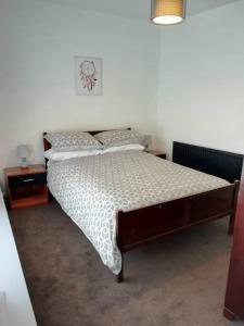 a bedroom with a large bed with two pillows at Haverfordwest terraced home in Pembrokeshire