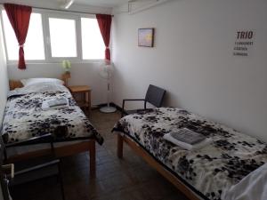 a bedroom with two beds and a desk and window at TRIO sobe in Jajce