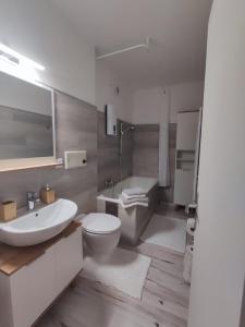 La salle de bains est pourvue d'un lavabo, de toilettes et d'une baignoire. dans l'établissement Apartment Renata Irdning Pichlarn, à Aigen im Ennstal