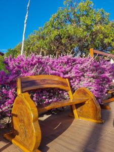 a wooden bench sitting in front of purple flowers at Pousada Rio Aratuá in Galinhos