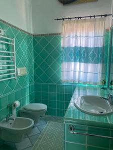 a green bathroom with a toilet and a sink at Casa di Rebecca in Murta Maria +6 photos