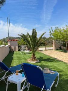 a yard with two chairs and a table and a palm tree at Villa Palma in Skala Rachoniou
