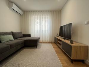 a living room with a couch and a flat screen tv at Cunha's Apartment - city center in Guimarães