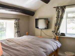 a bedroom with a bed and a tv on the wall at Red Squirrel Haven in Hawes