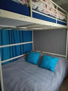 een slaapkamer met 2 stapelbedden met blauwe kussens bij APARTAMENT I KOSMOS ul konstytucji 3 maja 30 in Gorzów Wielkopolski