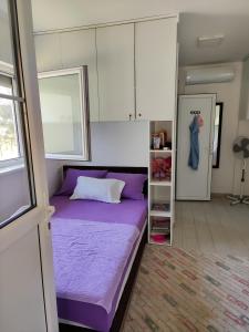 a bedroom with a purple bed and a closet at Vikendica Rada in Loznica