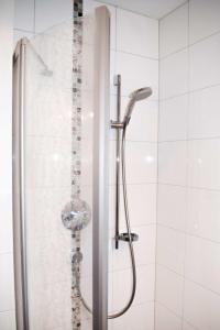 La salle de bains est pourvue d'une douche avec une porte en verre. dans l'établissement Oberransburg, à Flachau