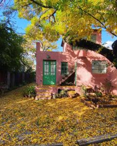 una casa rosa con una puerta verde en el patio en La Garibaldi 957 en Tigre