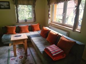 a living room with a couch and two windows at Srub pod Tetřevím vrchem in Dolni Dvur