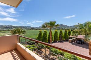 a balcony of a house with palm trees at Gold Crest Home in Drapanias beach, Nopigia in Kissamos