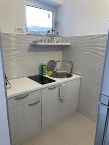 eine kleine Küche mit einem Waschbecken und einem Fenster in der Unterkunft Aprtments Belma in Sarajevo