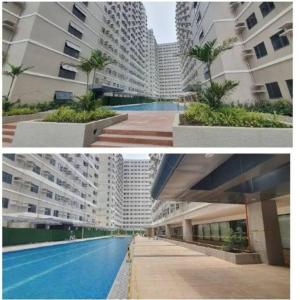 two pictures of a building with a swimming pool at Acellyne Suites at Green 2 Residences with Netflix! in Dasmariñas