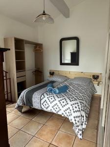 um quarto com uma cama e um espelho na parede em Petite maison plein pied jardin em Soorts-Hossegor
