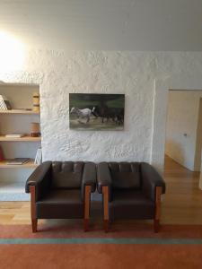 un sofá negro en una sala de estar con una foto de un caballo en Quinta do Outeiro 1598, en Ponte da Barca
