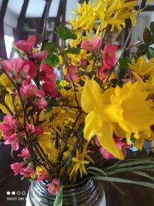 a vase filled with yellow and pink flowers on a table at L'ancien café in Brocourt
