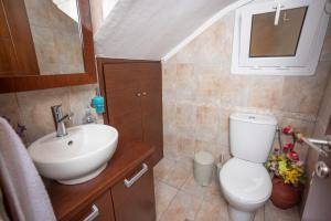 a bathroom with a sink and a toilet and a mirror at Holiday Villa in Pefkochori