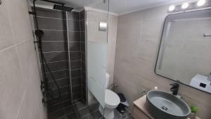 łazienka z umywalką, toaletą i lustrem w obiekcie Koukaki near the Acropolis Stylish 2 bedroom w Atenach +15 zdjęć