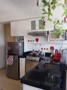 eine Küche mit einem Kühlschrank aus Edelstahl und einer Spüle in der Unterkunft Queen's Residence VIP in Tacna