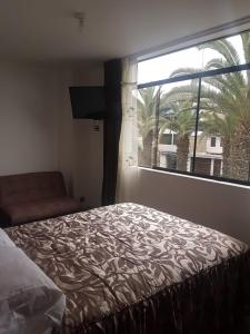 1 dormitorio con cama y ventana grande en Queen's Residence VIP, en Tacna