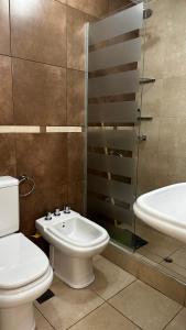 a bathroom with a toilet and a sink and a shower at Apartments Biritos in Godoy Cruz