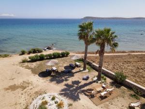 an aerial view of a beach with palm trees and chairs at Seample studios in Chrissi Akti