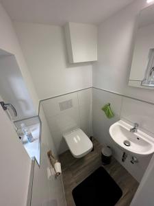 een kleine badkamer met een toilet en een wastafel bij Ferienwohnung mit separaten Eingang - Mola in Wetter