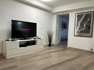 sala de estar con TV de pantalla plana en un centro de entretenimiento blanco en Ferienwohnung mit separaten Eingang - Mola, en Wetter