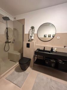 La salle de bains est pourvue de toilettes, d'un lavabo et d'un miroir. dans l'établissement Europa Apartments nähe Düsseldorf Messe, Airport, à Krefeld