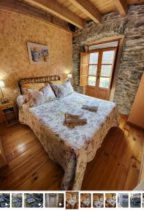 a bedroom with a large bed in a stone wall at Hotel Rural LA CÁRCEL in Murias de Paredes