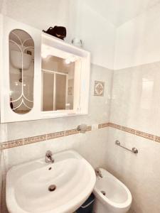 a bathroom with a sink and a mirror and a toilet at Agriturismo Le Grottelle in SantʼAgata sui Due Golfi