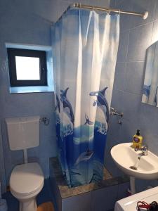 łazienka z zasłoną prysznicową, toaletą i umywalką w obiekcie Feel the Karuch w mieście Cetynia