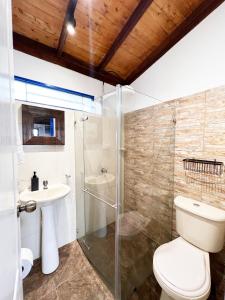 a bathroom with a shower and a toilet and a sink at Villas Alto Bonito in Sevilla