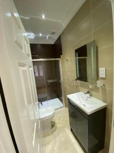 La salle de bains est pourvue de toilettes, d'un lavabo et d'une douche. dans l'établissement Luxury Apartment APT3, à Wolverhampton