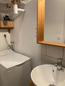 La salle de bains est pourvue d'un lavabo blanc et d'un miroir. dans l'établissement studio-ville médievale-charmant, à Crest