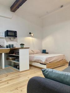 a bedroom with a bed and a tv on the wall at studio-ville médievale-charmant in Crest