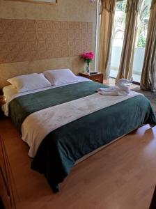 a bedroom with a large bed with a green blanket at Hotel G&G in Cuenca