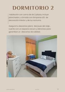 a poster of a bedroom with a bed and a desk at Renacer apartamentos in Tacna
