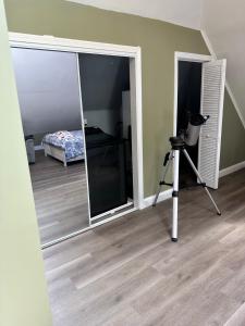a room with a mirror and a tripod next to a bed at Franklin Park nearby in Boston