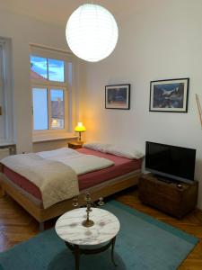 a bedroom with a bed and a flat screen tv at The Marchburg Apartment in Maribor