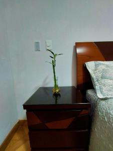 a nightstand with a vase on it next to a bed at Kasanty House in Paracas