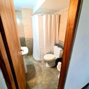 La salle de bains est pourvue de toilettes et d'un lavabo. dans l'établissement Puerto Lacar Lodge SMARG, à San Martín de los Andes