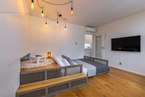 Luxurious, charming studio perfect for couples في براغ: غرفة نوم بسرير وتلفزيون بشاشة مسطحة