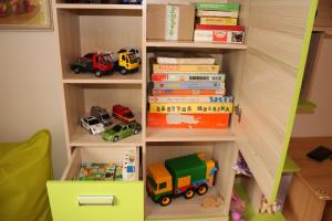 a book shelf with toy cars and books at Chalupa Boskovice in Boskovice