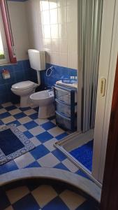 a blue and white bathroom with a toilet and a shower at Casa del Sol in Torre Forte