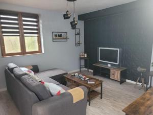 sala de estar con sofá y TV en petite maison cosy en duplex, en Éguelshardt