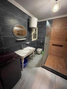 ein Bad mit einem Waschbecken und einer Dusche in der Unterkunft Pyramids view private apartment in Kairo