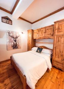 um quarto com uma cama grande e armários de madeira em Green Park Studio Courmayeur em Courmayeur